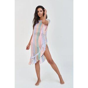 PITUSA Pastel Rainbow Striped Crochet Cotton Blend Knit Fringed Poncho Cover-Up